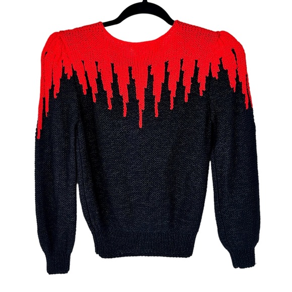 Vintage 80s Lillie Rubin Hand Knit Sweater Wool Blend Puff Sleeve Black & Red - Picture 3 of 13